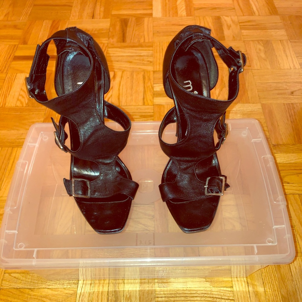 Black leather buckled Mimosa heels